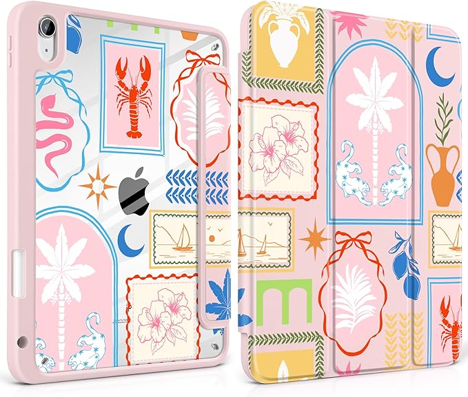 Case for iPad Air 13 inch 2026 M4 2025 M3 2024 M2 Release Slim Lightweight Shockproof Cute Light Pink Cover with Clear Back TPU Edge Pencil Holder Trifold Stand Auto Sleep, Creative Collage
