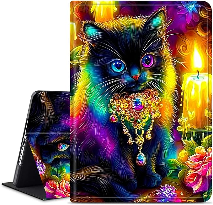 for Amazon Kindle Fire HD 10 (9th/7th/5th Generation, 2019/2017/2015 Release) 10.1" Tablet Case, Slim Kickstand Stand Leather Smart Cover with Auto Wake/Sleep, Candle Black Cat