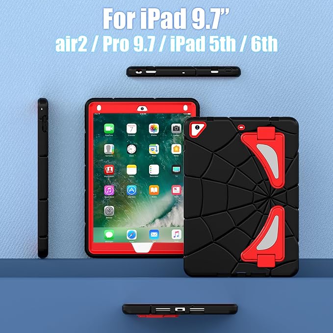 DreamerX for iPad 6th/5th Generation 9.7" Case 2018 2017 with Stand, Heavdy Duty Shockproof Rugged Drop-Proof Cute Cartoon Kawaii Silicone Protective Cover for Kids Boys iPad Air 2/Pro 9.7, Black Red