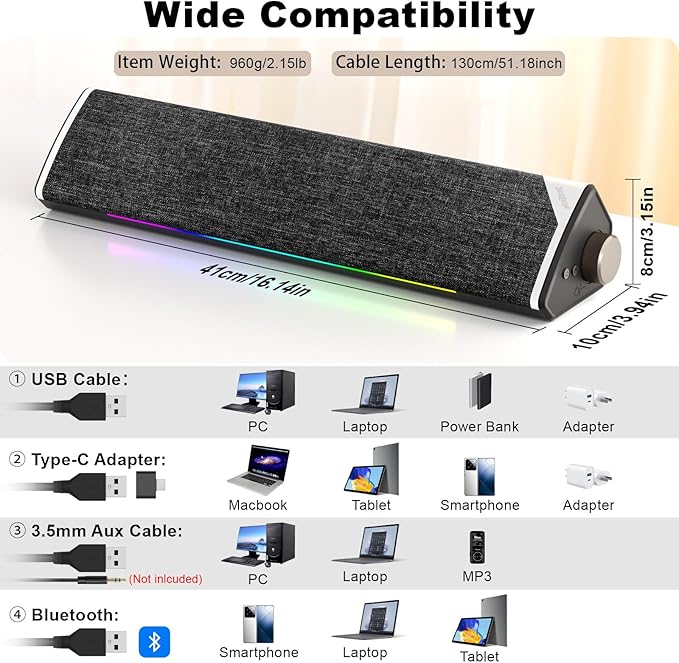 SOULION Computer Speakers, USB-Powered Bluetooth PC Soundbar with Dynamic RGB LED Lights, Surround Sound for Desktop, Laptop, Office, Work, Music & Gaming, Black (USB-C to USB Adapter Included)