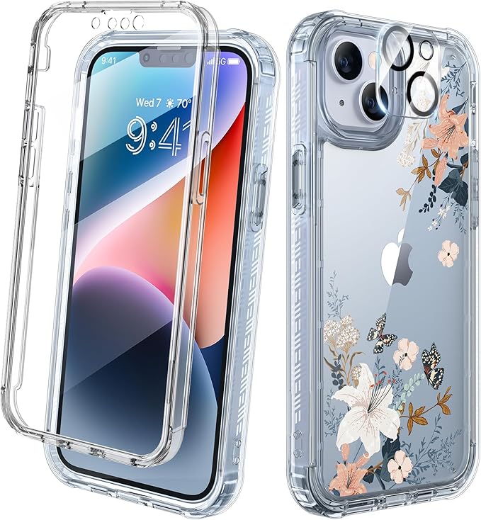 Diaclara Designed for iPhone 14 Case, Full Body Rugged Case with Built-in Touch Sensitive Anti-Scratch Screen Protector, with Camera Lens Protector for iPhone 14 6.1" (Lily) Butterfly