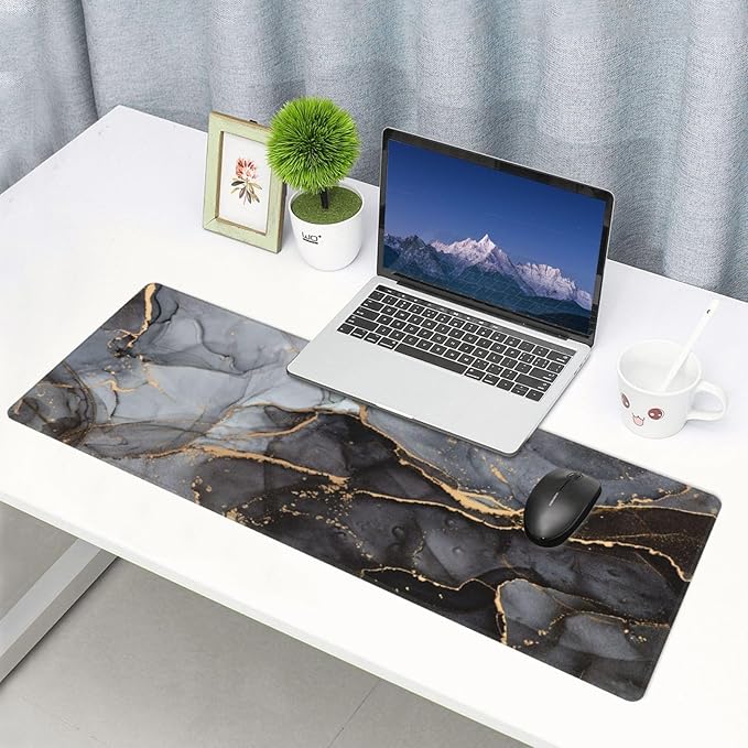 Grey Black Gold Marble Print Large Mouse Pad with Stitched Edges Long Non-Slip Rubber Base Mousepad Laptop Keyboard Mat Desk Pad for Office Home Desk Decor, 31.5" X 11.8"