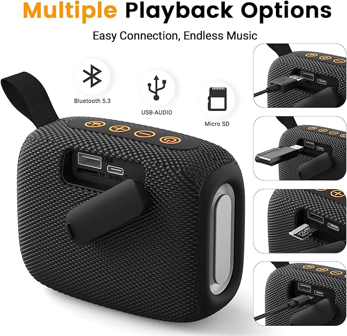 Portable Waterproof Bluetooth Speaker IPX5 for Outdoor,HD Sound All-Day Playtime, BT5.3,Wireless Speakers with Lights, Essentials for Beach/Party/Camping,Gifts for Men Women Boys Girls-Black
