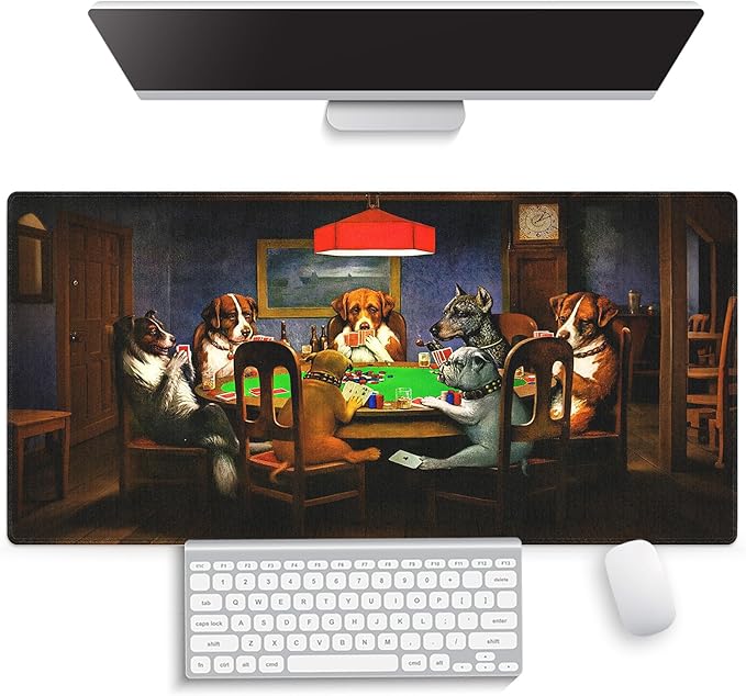 Large Gaming Mouse Pad (31.5" x 15.8") - Dogs Playing Poker Oil Painting Art Funny Cute Pets Joking Games Artwork, Extra XXL Extended Office Accessories, Premium Stitched Anti-Slip Desk Mat