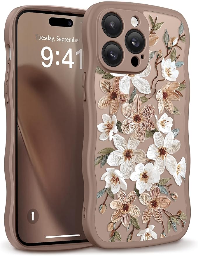 GVIEWIN for iPhone 14 Pro Case Compatible with MagSafe [Curly Wave Edge][Full Camera Protection] Floral Translucent Shockproof Magnetic Women Phone Case for 14 Pro, Dogwood/Brown