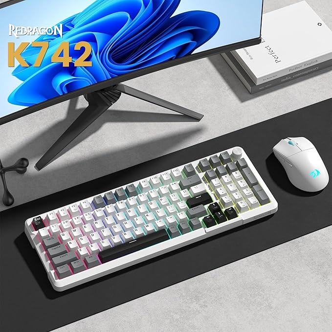Redragon K742 Wireless Mechanical Gaming Keyboard with Knob, Bluetooth 5.0/2.4GHz/USB C Wired Creamy Keyboard with Number Pad for PC Computer, RGB Backlits, Hot-Swappable with Linear Switches (White)