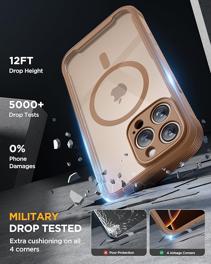 Miracase Magnetic for iPhone 16 Pro Case Full-Body Phone with Built-in Glass Screen Protector, [Compatible with MagSafe] Military Drop Proof 16 Pro Cover Bumper 6.3 inch, Gold Brown