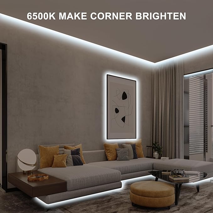 16.4ft COB Led Strip Light with Remote, 6500K Ra93+ Dimmable Bright Daylight White Led COB Strip Light, White Continuous Led Strip Light for Mirror, Stair, Cabinet, Room