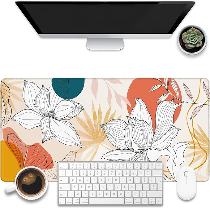 Floral Line Art Desk Pad, Large Gaming Mouse Pad, 31.5"x15.7" Extended Big Computer Keyboard Mouse Pad with Non-Slip Base and Stitched Edge