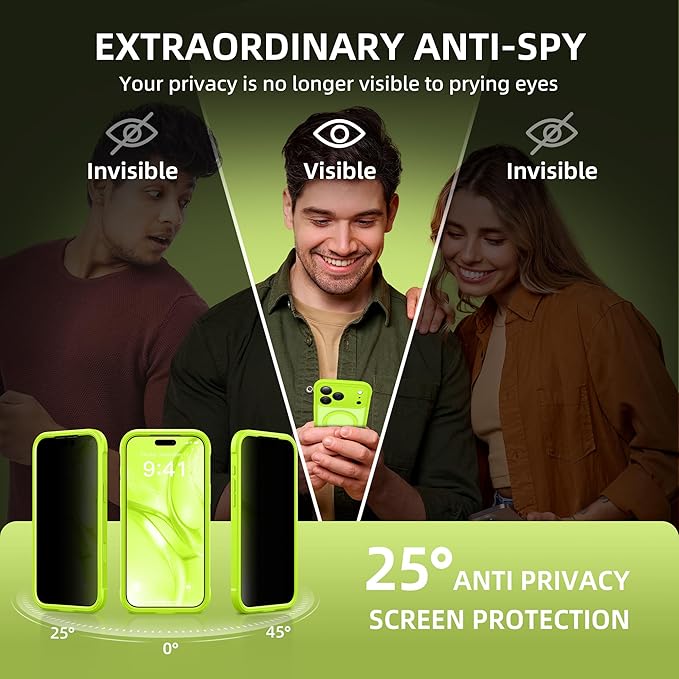 BERFY for iPhone 17 Pro Case, Compatible with MagSafe, Built-in Privacy Screen Protector, Camera Protection, Shockproof Full Body Phone Case 6.3", Translucent Bright Green