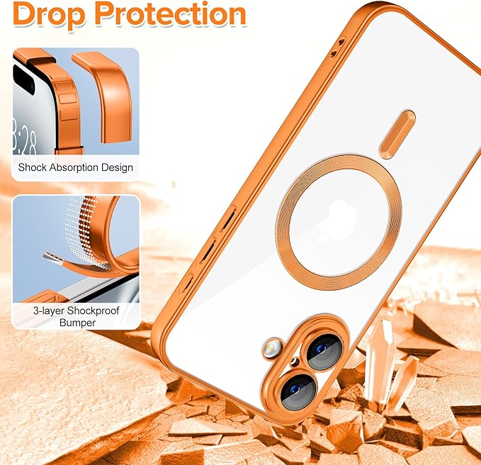 Hython Magnetic Clear for iPhone 16 Plus Case with Camera Lens Protector [Compatible with MagSafe] Luxury Plating Edge Slim Soft TPU Cover Protective Phone Case for iPhone 16 Plus 6.7", Matte Orange