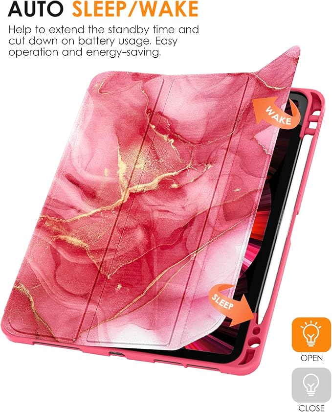 DTTO for iPad Pro 11 inch 4th/3rd/2nd/1st Generation 2022/2021/2020/2018 Case, Smart Slim Trifold Stand Soft TPU Back Cover with Built-in Pencil Holder, Also Fit iPad Air 5/4,Red Marble