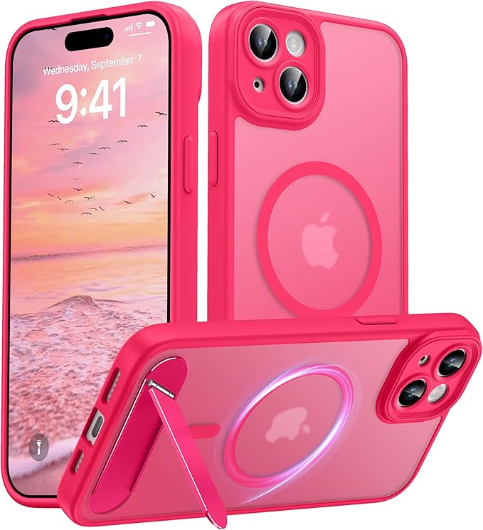Magnetic Compatible with iPhone 15 Plus Case, [Built-in Kickstand][Full Camera Protection][Compatible with MagSafe][Anti-Fingerprint] Shockproof Phone Case for iPhone 15 Plus 6.7",HotPink