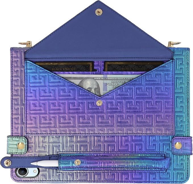Shiny Case for iPad mini 7 2024/Mini 6th Gen Handbag Case, Techcircle Iridescent PU Leather Folio Envelope Pocket Stand Cover with Hand Strap+Shoulder Strap+Pencil Holder+Card Slots, Shiny Indigo