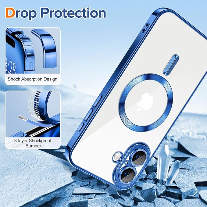 Hython Magnetic Clear for iPhone 16 Case with Camera Lens Protector [Compatible with MagSafe] Luxury Plating Edge Slim Soft TPU Cover Protective Phone Case for iPhone 16 6.1", Deep Blue