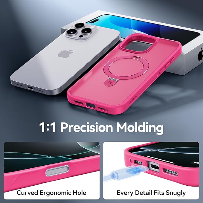 CASEKOO Ultra-Magnetic Stand for iPhone 16 Pro Case [Military Drop Protection] [Compatible with MagSafe] Shockproof Translucent Matte Slim Ring Holder Case for iPhone 16 Pro 6.3", Hot Pink