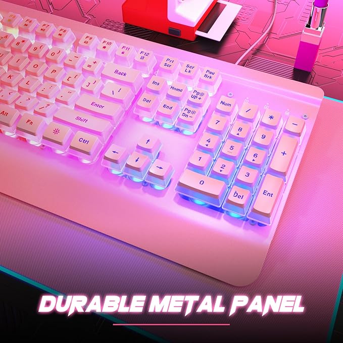 Pink Creamy Keyboard, 104 Keys All-Metal Panel, Rainbow LED Backlit Silent Gaming Keyboard, Wrist Rest, PBT Keycap, Anti-ghosting Keys, Light Up USB Wired Computer Keyboard for PC