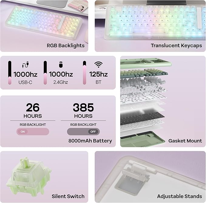 KiiBoom Phantom98 Lite 96% Wireless Mechanical Gaming Keyboard, VIA Programmable, Creamy Keyboard with Gasket, 8000mAh Battery, Hot Swap, RGB Backlits, NKRO for Win/Mac (Clear, Mossy Silent Switch)