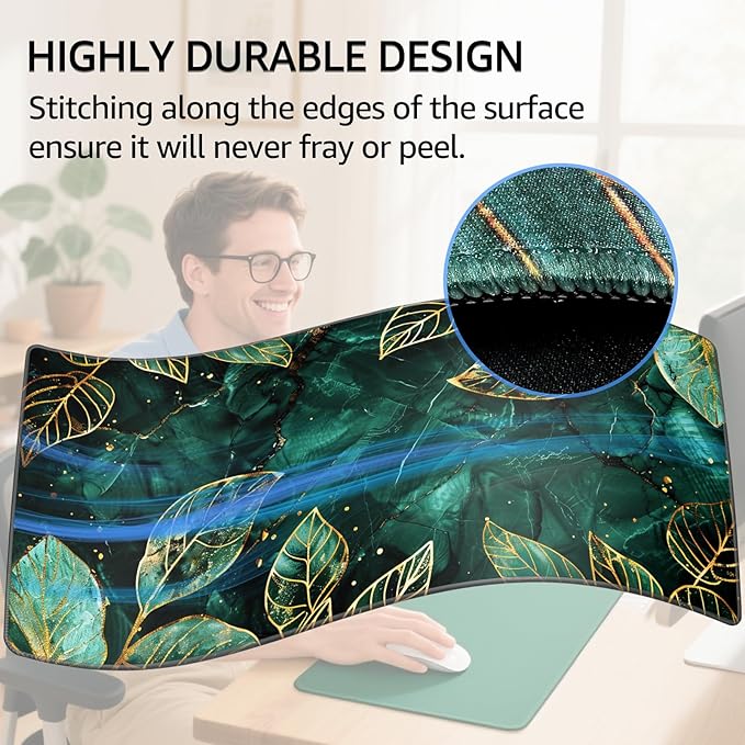 KTRIO Large Gaming Mouse Pad Desk Mat, Superior Micro-Weave Cloth, Non-Slip Rubber Base, Stitched Edges, Water-Resistant, for Gamer, Office & Home, 31.5 x 15.7 Inch，Green Leaves