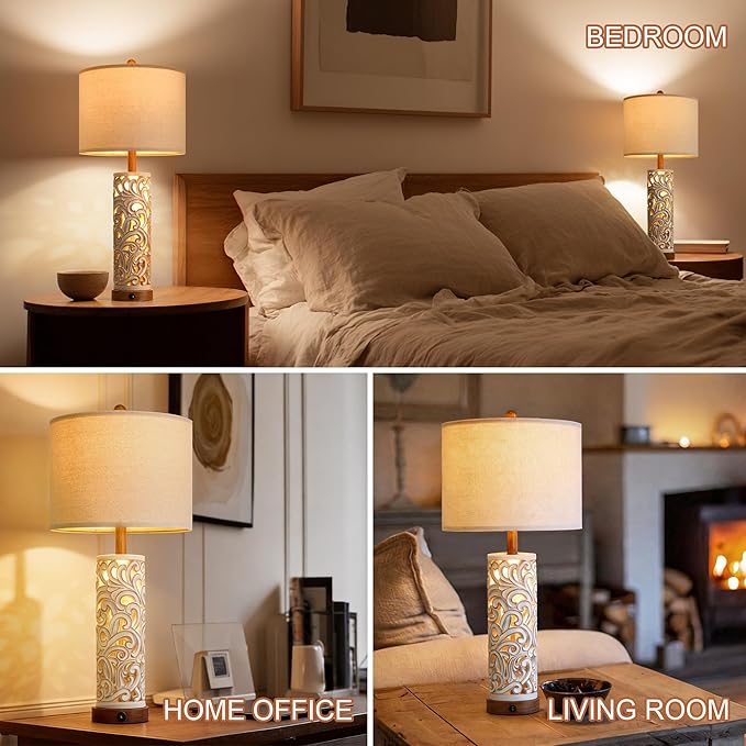 OYEARS 2-in-1 Light Table Lamp Set of 2 for Living Room, 28.5" Farmhouse Bedside Lamps with USB Charging Port, Main&Night Light & Dual Switches, Nightstand Lamp for Bedroom Home Office(Bulb Included)