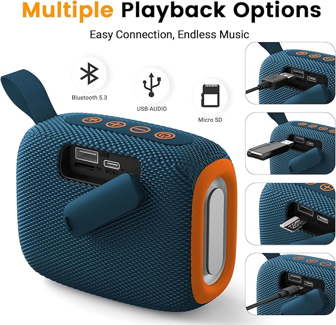Portable Waterproof Bluetooth Speaker IPX5 for Outdoor,HD Sound All-Day Playtime, BT5.3,Wireless Speakers with Lights, Essentials for Beach/Party/Camping,Gifts for Men Women Boys Girls-Blue