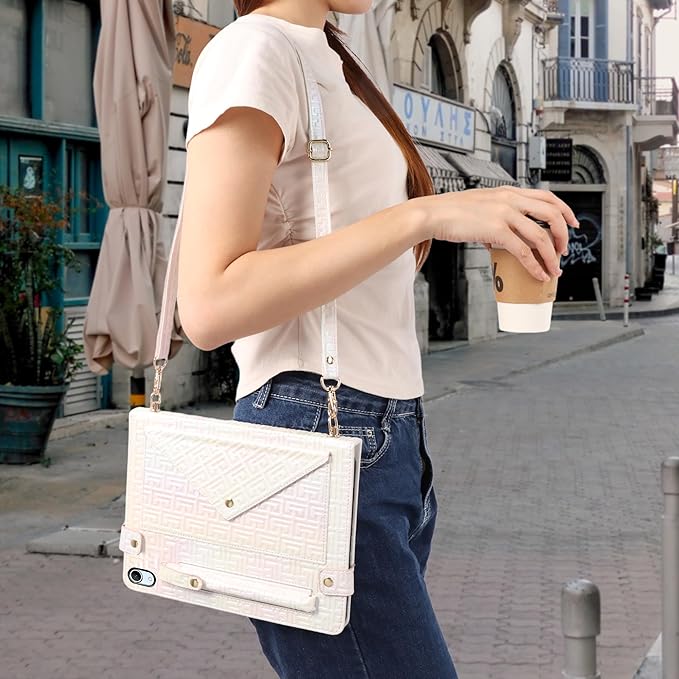 Shiny Case for iPad (A16) 2025 11"/iPad 10th Generation Handbag with Hand Strap, Techcircle Crossbody Iridescent Folio Stand Wallet Case with Pencil Holder+Card Slots+Shoulder Strap, Shiny White