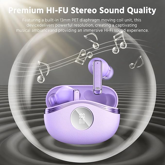 Bluetooth Wireless Earbuds - 40-Hour Battery Life, HiFi Stereo, Noise-Canceling Mic, LED Display, IPX7 Waterproof, in-Ear Headphones for Laptops/Mobile Phones/Sports, Purple