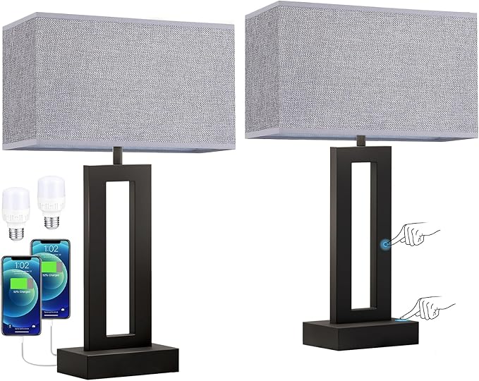 Seealle Nightstand Table Lamps for Bedrooms Set of 2 - Touch Bedside Lamp with USB C+A, 3 Way Dimmable Living Room End Tables 2, Modern Night Stand Bed Side Guest Room(Grey) B. Grey