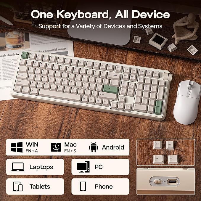 EPOMAKER RT100 PRO Wireless Gaming Keyboard with 1.54" Screen&Knob, RGB, 2.4Ghz/BT/USB-C, Hot Swap, 5000mAh, PBT Keycap, Custom Driver, Retro Mechanical Keyboard for Win/Mac (White, Creamy Jade)