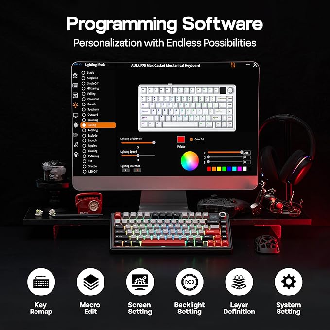 MechLands Aula F75 MAX Wireless Gaming Keyboard with Screen & Knob, 75% Hot Swappable Mechanical Keyboard with Creamy Gasket, RGB Backlits, NKRO for Win/Mac/Linux (Black Red)