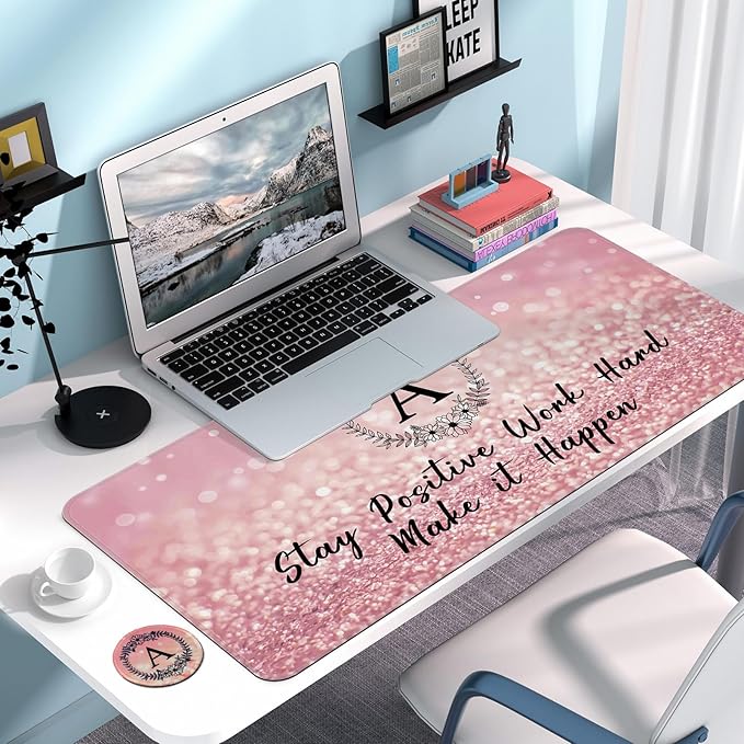 Pink Large Gaming Mouse Pad with Coaster, Desk Mat, Mouse Pad for Computer Keyboard Laptop Office Decor, Stitched Edges Extended Mousepad, 31.5'' x15.6'' -Letter A