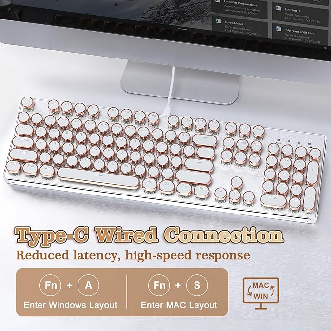 YUNZII QL108 Typewriter Style Mechanical Gaming Keyboard,Full Size Hot Swappable RGB Backlit Keyboards,Metal Panel Retro Punk Round Keycaps,USB Wired Computer Keyboard (Silver, Onyx Gray Switch)