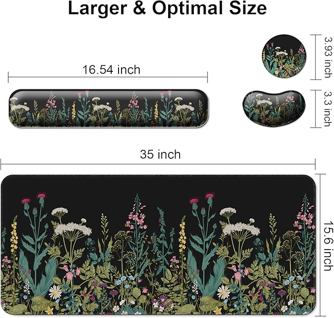 Keyboard Wrist Rest + Mouse Pad with Wrist Support + Desk Mat + Coaster 4 in 1 Set, XXL Large Gaming Mousepad Cute Ergonomic Mouse Pads for Desk Computer Laptop Office Decor-Little Flowers