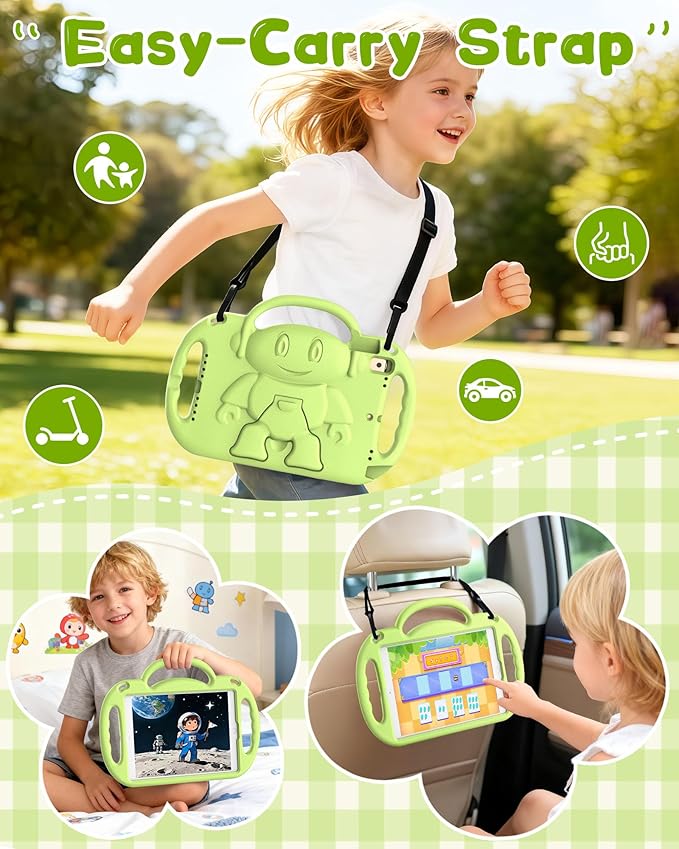 Kids Case for iPad 9th/8th/7th Generation (10.2 inch,2021/2020/2019), Kids Case for iPad Air 3rd Gen 10.5"/Pro 10.5, Durable Shockproof Cover with Shoulder Strap/Handle/Kickstand, Light Green