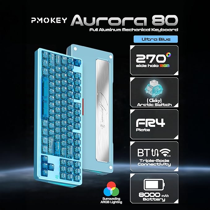 PMOKEY Aurora 80 CNC Full Aluminum Wireless Mechanical Keyboard with VIA/QMK, 8000mah Battery, Arctic Tactile Switch, Tri-Mode Gaming Keyboard Hot Swappable RGB Backlit for Windows/Mac/PC (Ultra Blue)