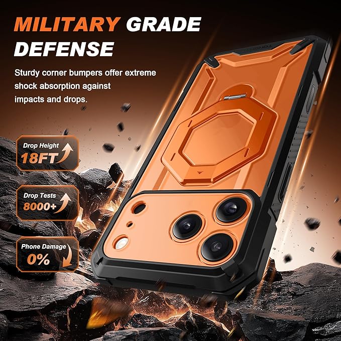 TONGATE for iPhone 17 Pro Case with 360° Spin Magnetic Stand, [Compatible with MagSafe][Military-Grade Protection] with Privacy Screen Protector & Camera Control Cover for 17 Pro, Clear Orange