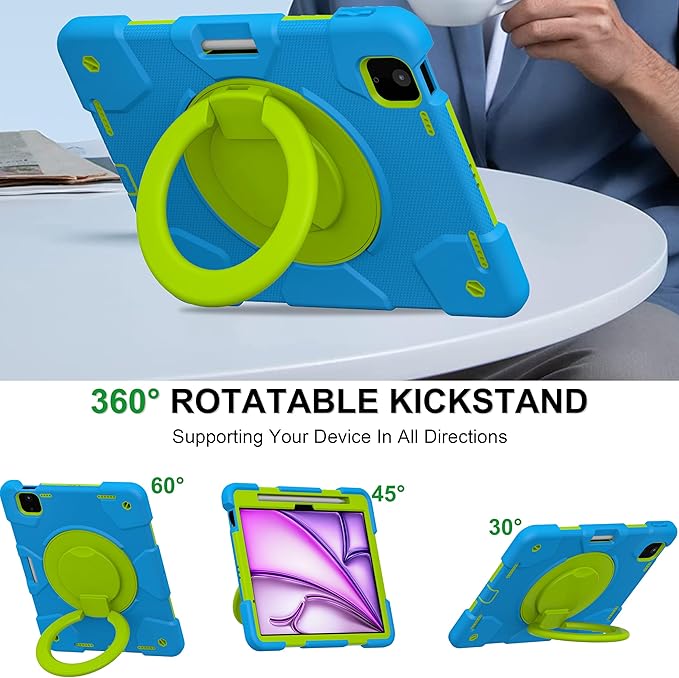 Andnary Case for iPad Air 11 inch Case M4/M3/M2 (2026/2025/2024), Heavy Duty Shockproof Cover with Screen Protector, 360° Rotating Stand, Pencil Holder, Shoulder Strap (Blue+Green)