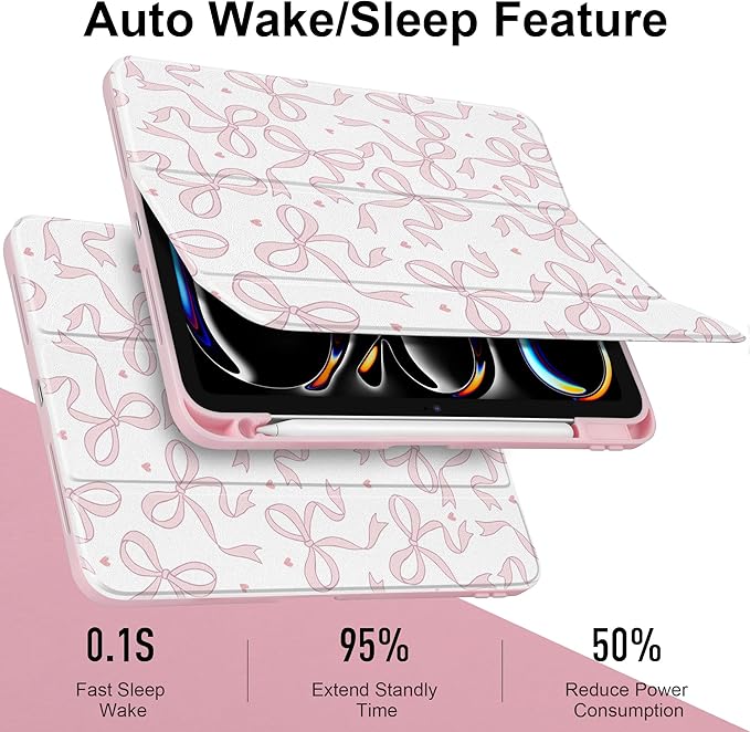 TWOLSKOO Case for iPad Pro 11-inch (M5 2025 / M4 2024), Clear Acrylic Back with TPU Bumper, Pencil Holder, Trifold Stand, Auto Sleep/Wake, Pink Bows