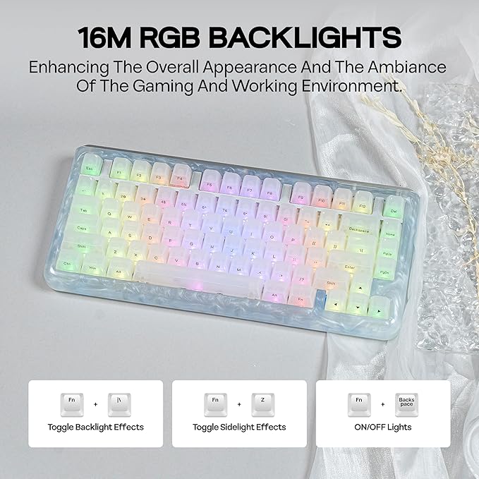 KiiBoom Jade75 75% Resin Molding Mechanical Keyboard, BT5.0/USB-C/2.4GHz Wireless Gaming Keyboard, QMK&VIA Programmable, RGB Backlits, Hot-Swappable, CNC+UV Case for Windows/Mac/Linux (White)