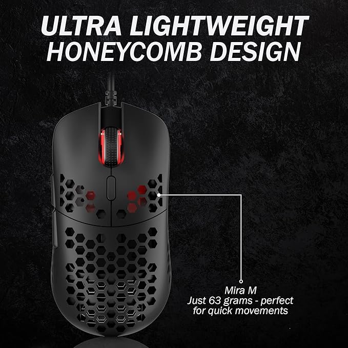 HK GAMING Mira M Ultra Lightweight Honeycomb Shell Wired RGB Gaming Mouse - Up to 12 000 cpi | 6 Buttons - 63g Only (Mira-M, Black)