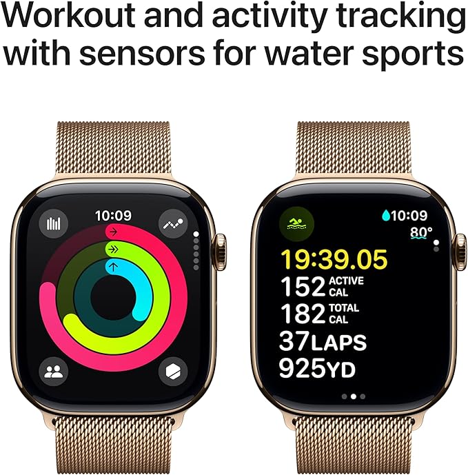 Apple Watch Series 10 [GPS + Cellular 46mm] with Gold Titanium Case with Gold Milanese Loop - M/L. Fitness Tracker, ECG App, Always-On Retina Display, Carbon Neutral with AppleCare+ (2 Years)