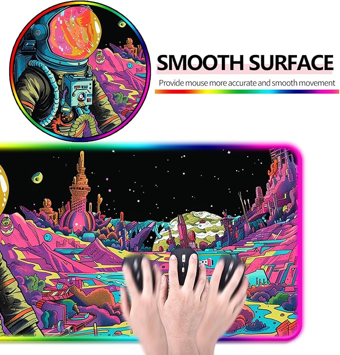 RGB Fantasy Planet Space Gaming Desk Mat, Computer Keyboard Large Extended Astronaut LED Mouse Pad for Office and Home, 31.5×11.8 Inches, XL