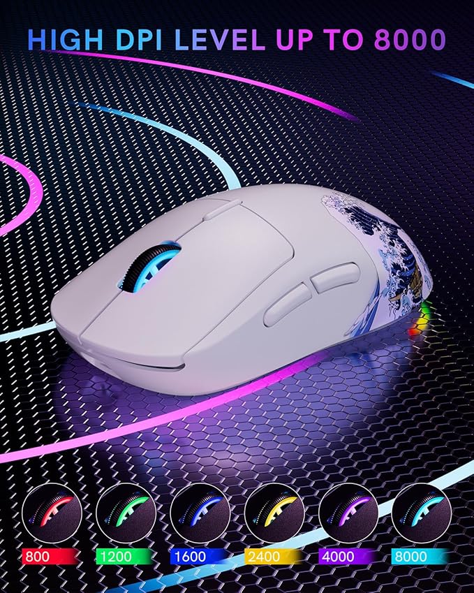 G57 Wireless Gaming Mouse, 8000 DPI, 80g, 2.4G/Bluetooth/USB-C Rechargeable Wireless Mouse with 5 Programmable Buttons for PC/Mac, White