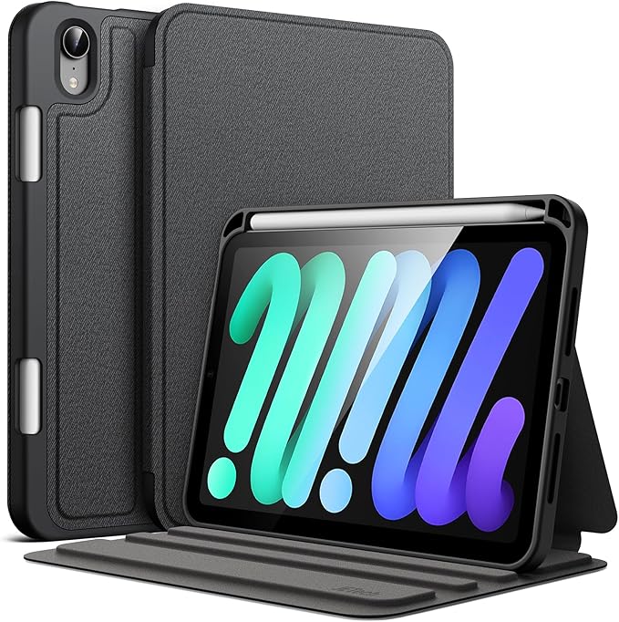 JETech Case for iPad mini (A17 Pro, 2024 Model, 7th) / Mini 6 (2021 Model, 6th) with Pencil Holder, Slim Folio Stand Protective Tablet Cover, Multi-Angle Viewing (Black)