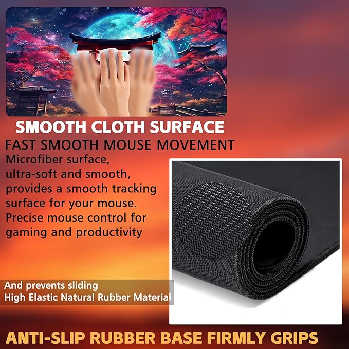 Anime Torii Gate Desk Mat, Cherry Tree and Galactic Sky Large Gaming Mouse Pad, 31.5"x15.7" Extended Big Computer Keyboard Mouse Pad with Non-Slip Base and Stitched Edge
