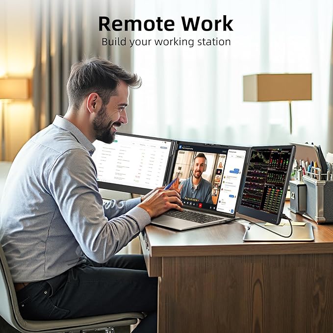 ZUMWALT Laptop Screen Extender, 14" Triple Portable Monitor for Laptop, 1080P FHD Screen Extender Monitors for 13"-16.5", Monitor Extender for MacOS/Windows/Chrome (Built-in Speakers)