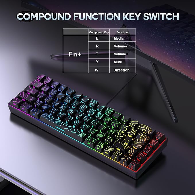 Snpurdiri 65% Wired Gaming Keyboard, 68 Keys RGB Backlit Ultra-Compact Small Gaming Keyboard, for PC/Mac Gamer, Typist, Travel, Easy to Carry on Business Trip Black