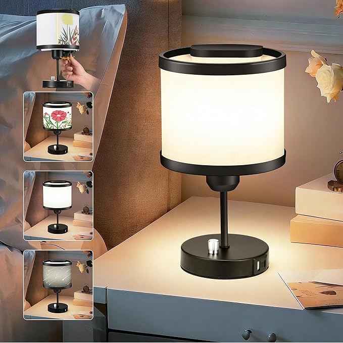 Bedside Table Lamp for Bedroom, Small Bedside Light with USB C and A Ports, Night Lamp with 3 Rotatable Shades, Daylight White Bulb with Dimmable