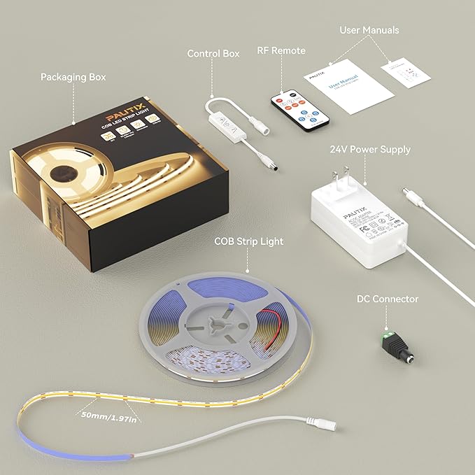PAUTIX COB LED Strip Lights with RF Remote,32.8ft UL Listed Dotless LED Lights Warm White 2700K,Super Bright Dimmable 24V Adhesive LED Tape Light,Kitchen Cabinets Shelf Mirror Office Bedroom Lighting