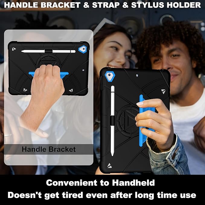 Andnary Case for iPad 9th/8th/7th Generation 10.2 inch, Heavy Shockproof Cover with Screen Protector/180° Rotating Handle/Bracket/Pen Holder/Shoulder Strap, Kids Case for 2021/2020/2019 (D-Black+Blue)